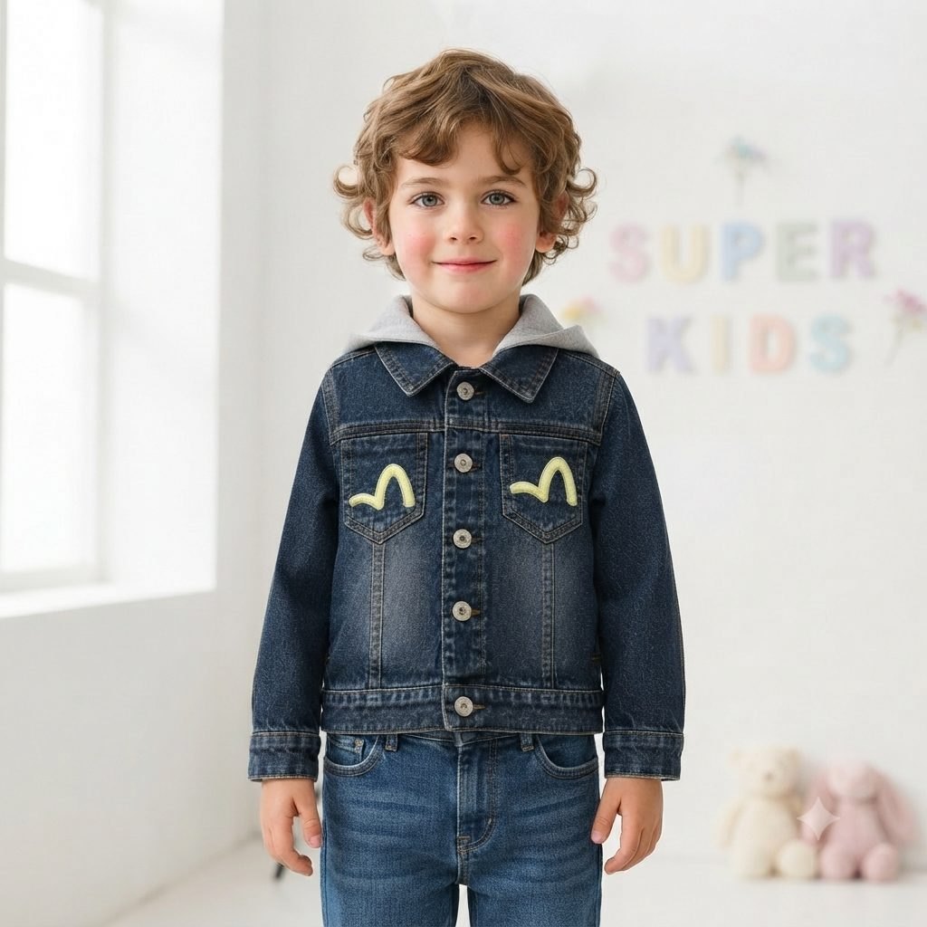 Chaqueta de jeans azul con capota gris