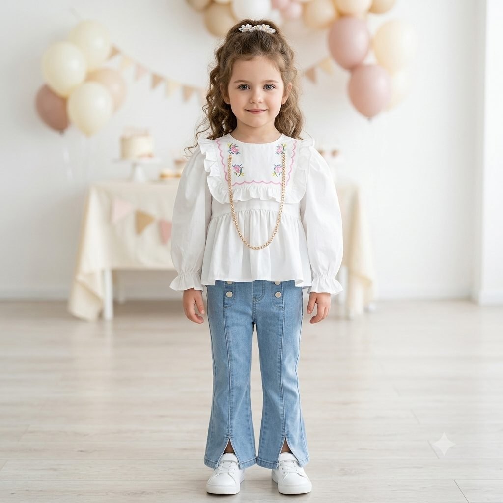 Conjunto jeans claros blusa blanca flores - Conjuntos Set x3 (foto 2)