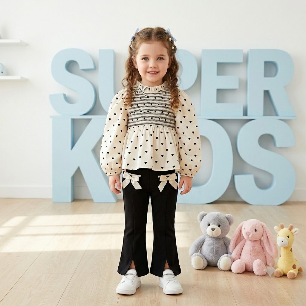 Conjunto leggins negro blusa beige corazones