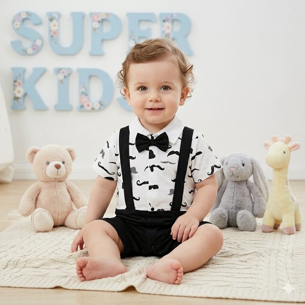 Mameluco blanco/negro mostachos short - Mamelucos y Conjuntos Elegantes