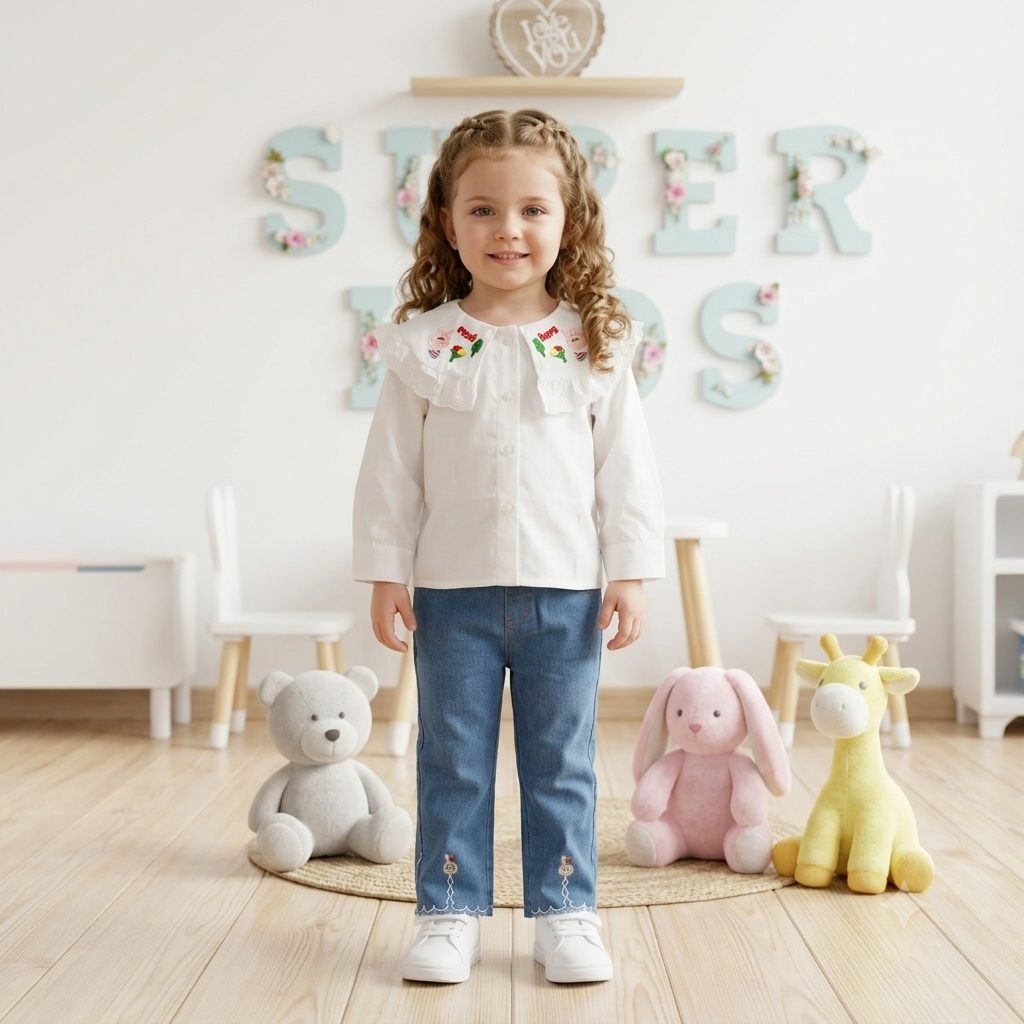 Conjunto jeans claro blusa blanco bordado
