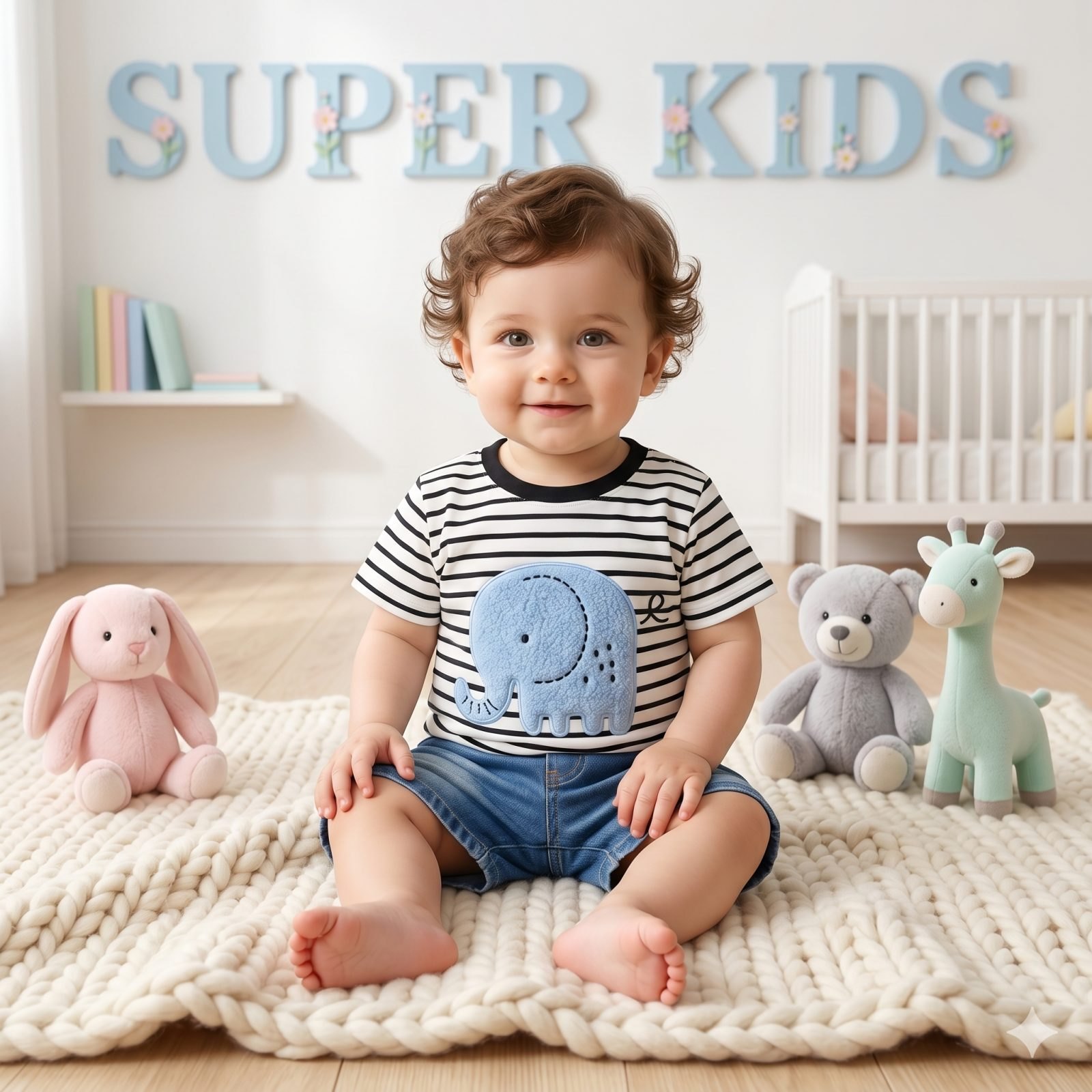 Conjunto short jeans buso rayas elefante.