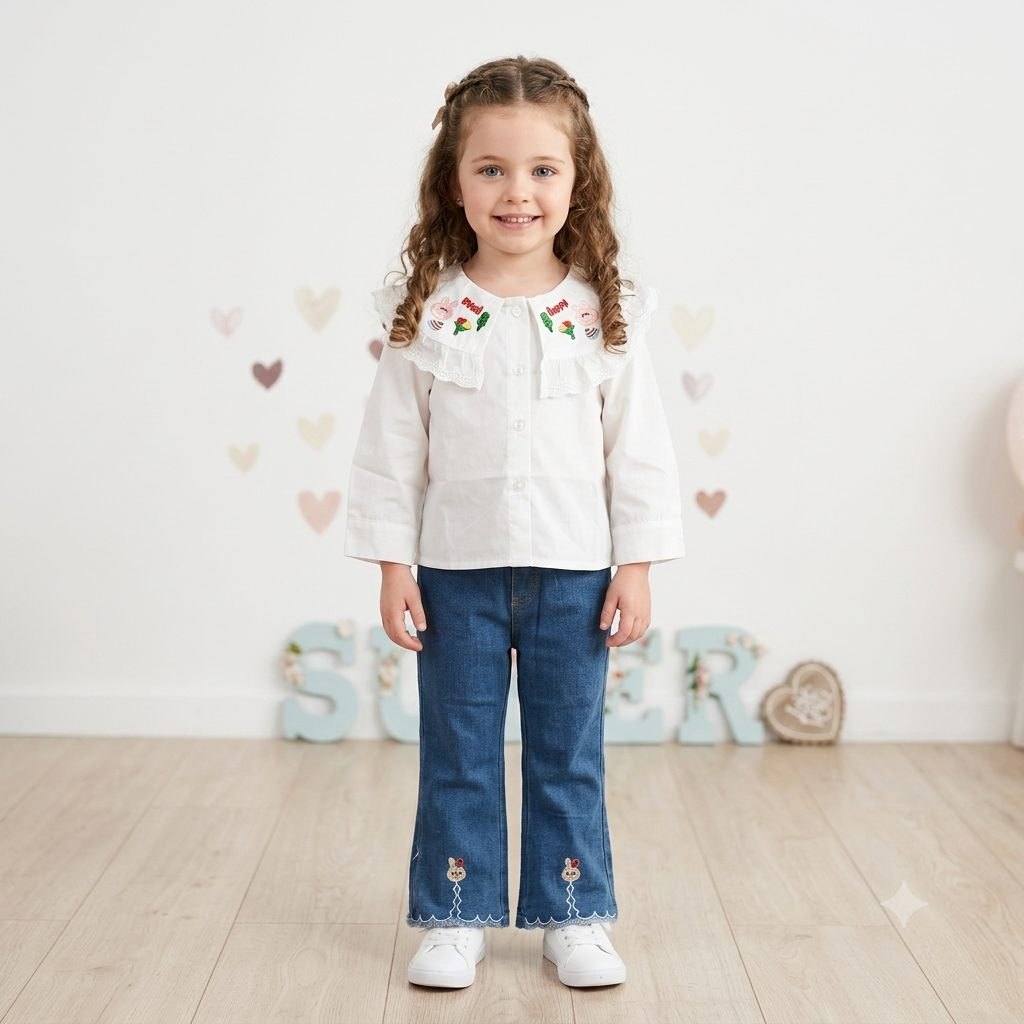 Conjunto jeans claro blusa blanco bordado - Conjuntos Set x3 (foto 2)