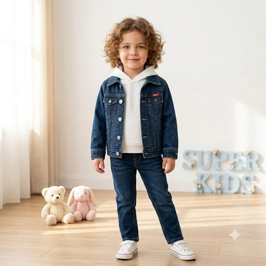 Conjunto jeans oscuro, chaqueta buso blanco
