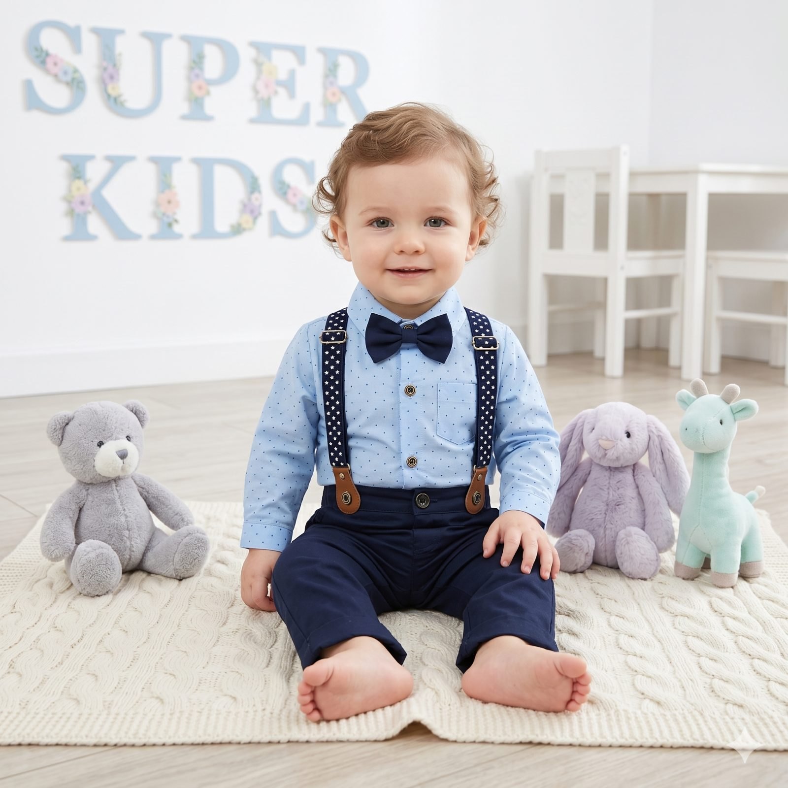 Conjunto camisa azul tirantes lunares