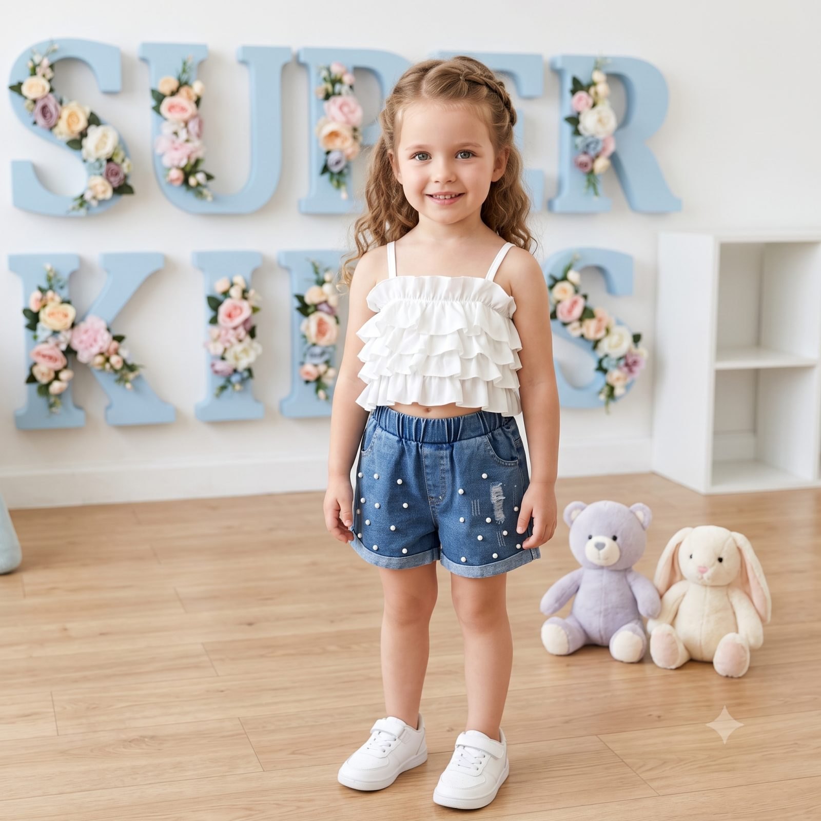Conjunto short jeans blusa esqueleto blanca