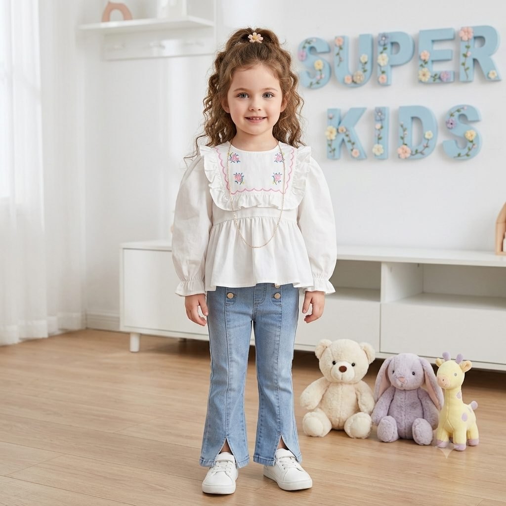 Conjunto jeans claros blusa blanca flores