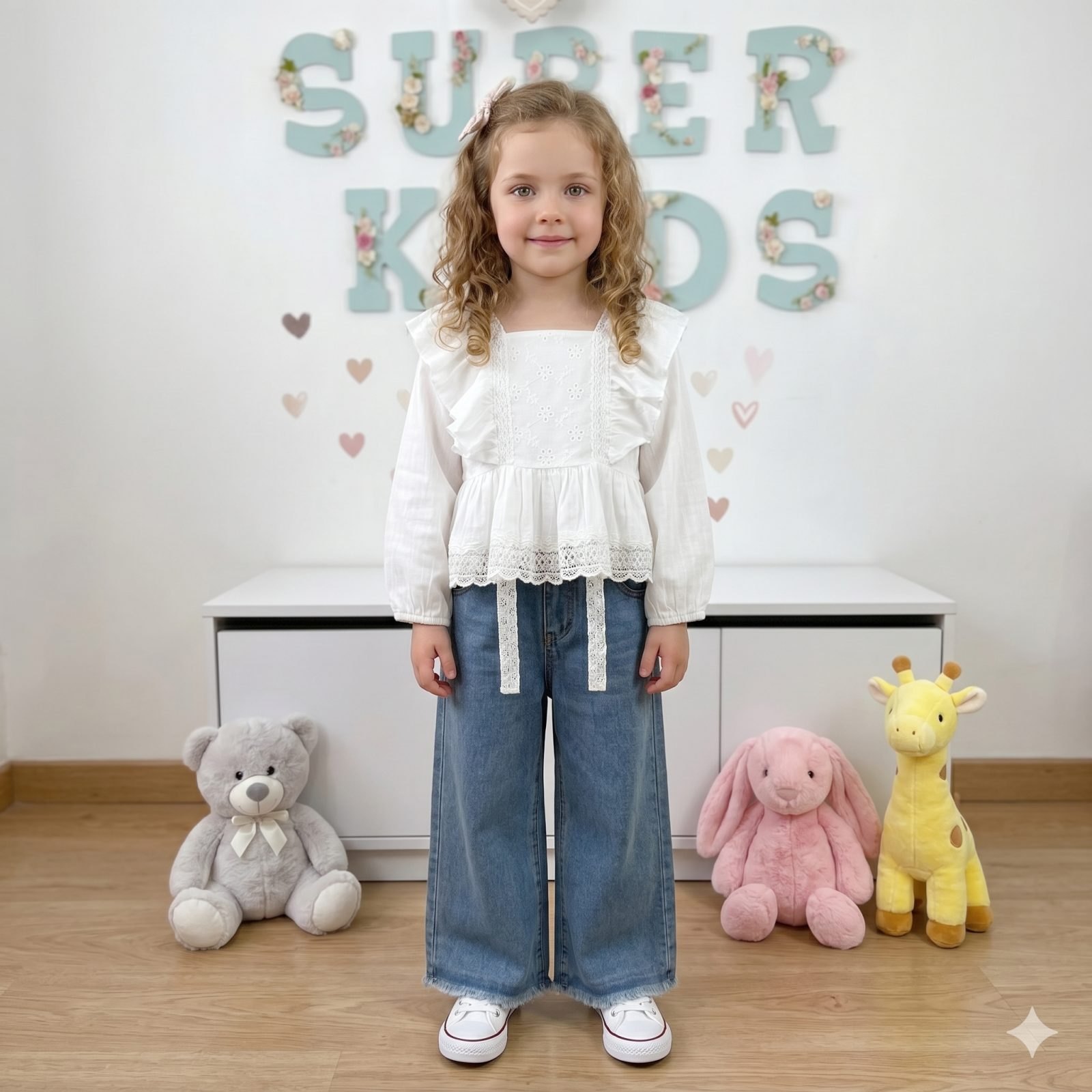 Conjunto jeans blusa blanca.