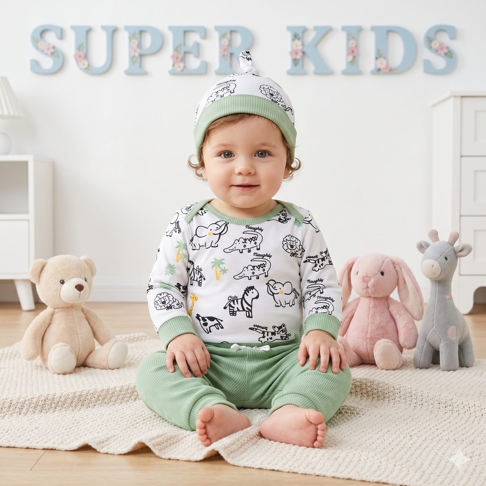 Conjunto verde dinosaurios gorrito